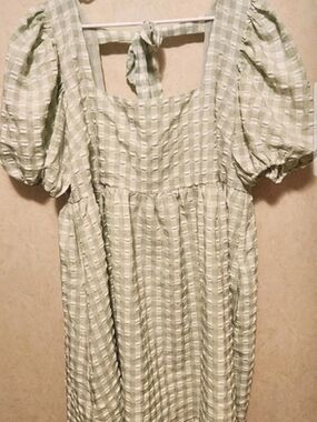 Arula Gingham Puff Sleeve Mini Dress in Green & White